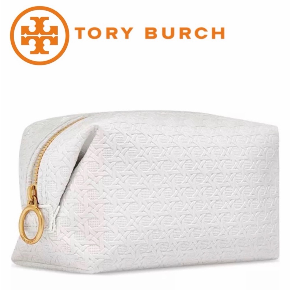 Tory Burch White Quilted Cosmetic Pouch with Gold Ring Zip